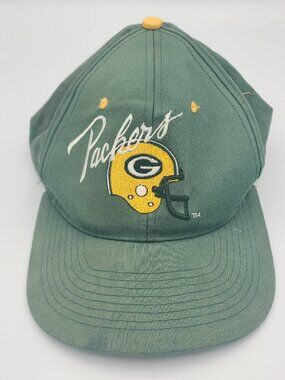 Vintage Green Bay Packers AJD Snapback Hat Cap 90s NFL White Script Gold Helmet